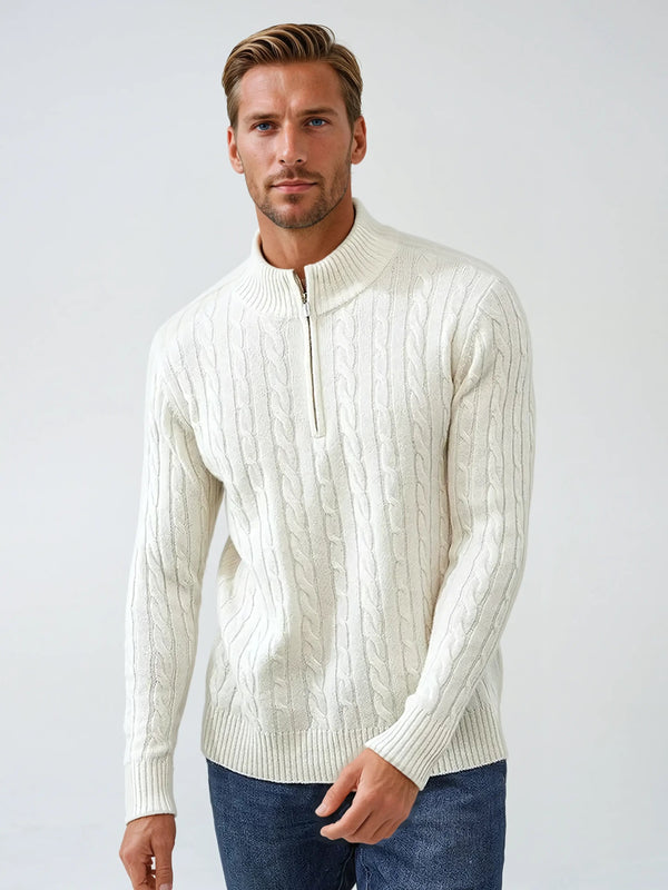 Knit Cable Zipper Sweater – White