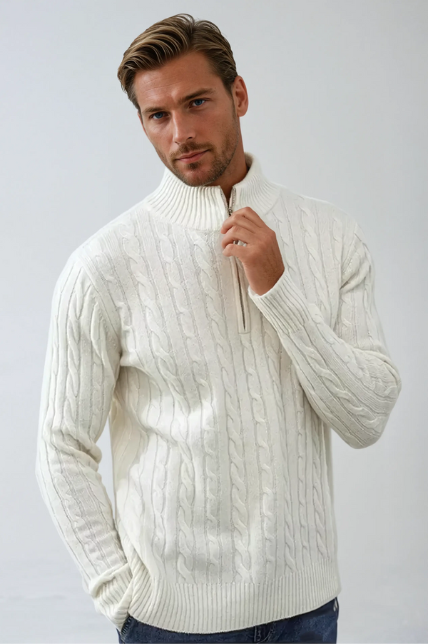 Knit Cable Zipper Sweater – White